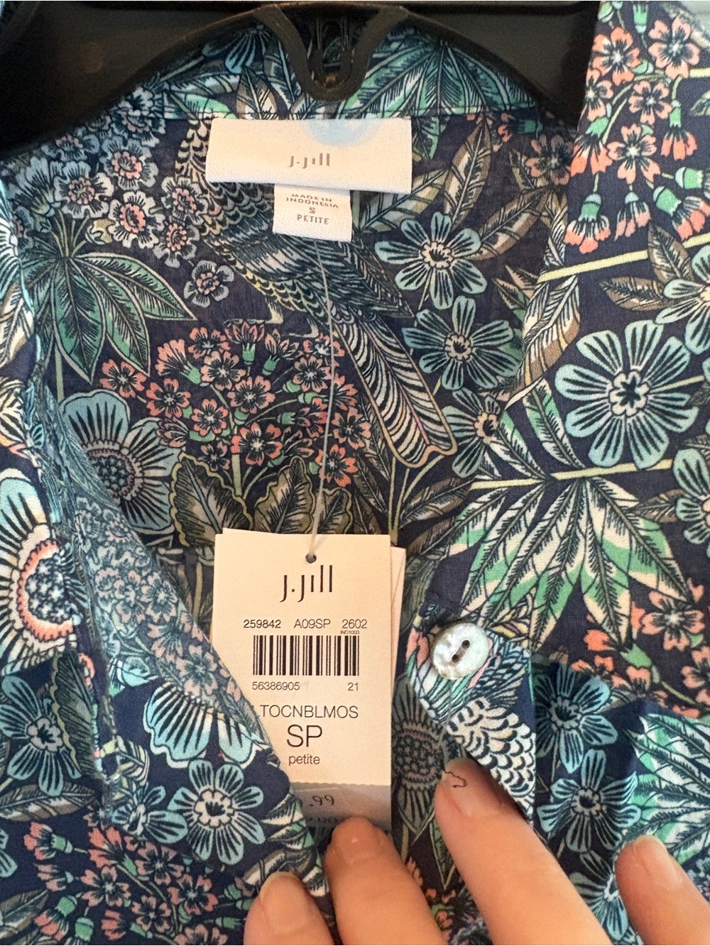 J. Jill Navy Blue Floral Button-Up Top with Teal and Coral Accents - Picture 2 of 3
